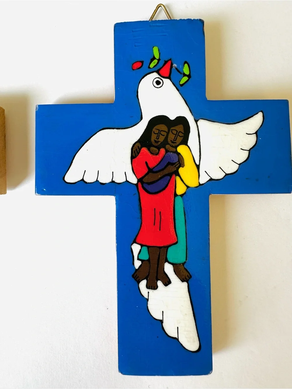 Vintage Christian Folk Art Crosses Set of 2 Painted Wood Jesus Angel Dove Decor